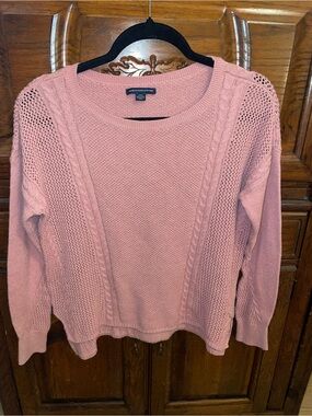 American Eagle Outfitters Pink Cable & Open-Stitch Crew Sweater